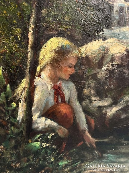 Mihály Rezes molnár (1921-2000) little girl on the bank of the stream - 95x76 cm, in a wonderful frame /invoice provided/