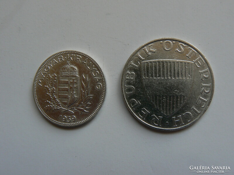 2 silver coins together, 1 pengő Hungarian kingdom 1939, 10 schilling Austria 1959, original!