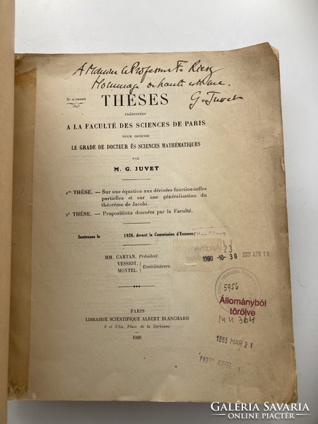 M. G. Juvet: theses, 1926 - dedicated to Hungarian mathematician Frigyes Riesz