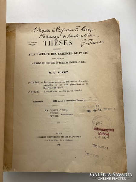 M.G. Juvet: Theses, 1926 - Riesz Frigyes magyar matematikusnak dedikált