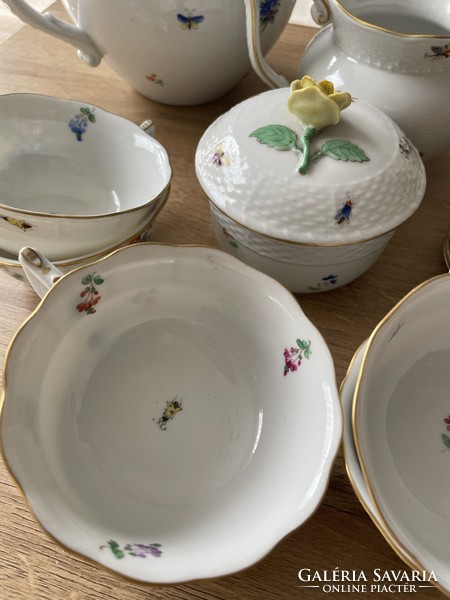 Herend tea and cake set - rare ribbon with floral, beetle pattern, gold-plated