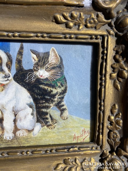 Apáthy olaj, vászon festménye, 13 x 10 cm-es, kutyák