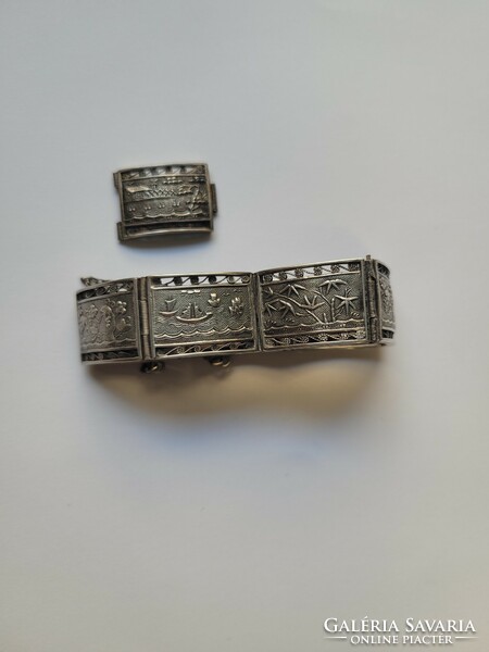 Antique Vietnamese 900 silver bracelet with filigree, plant, house and sea motifs can be expanded with extra eyes!