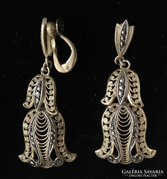 Art Nouveau gold-plated silver earrings - clip filigree marcasite