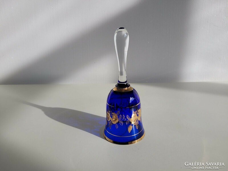 Old bohemian blue glass bell with gilded label Czech holiday table bell bell