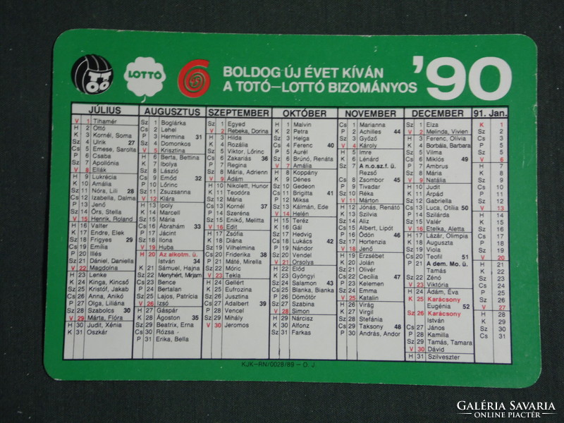 Kártyanaptár, Totó Lottó szerencsejáték, névnapos,1990 ,   (2)