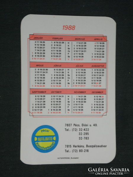 Card calendar, Pécs car repair cooperative, Pécs, Harkány, 1988, (2)