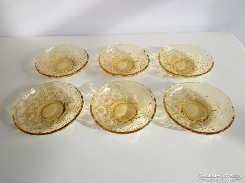 Régi üvegtányér készlet retro desszertes kis tányér mézszínű 6 db