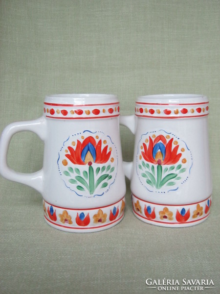 Pair of hand painted folk floral granite ceramic jars
