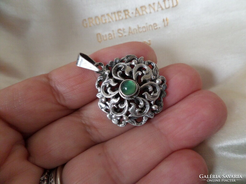 Antique silver openwork pendant with green stone