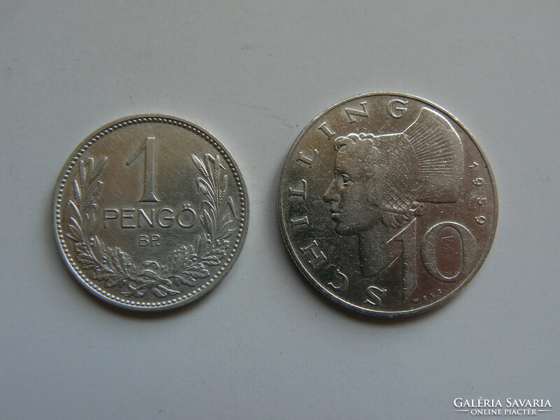 2 silver coins together, 1 pengő Hungarian kingdom 1939, 10 schilling Austria 1959, original!