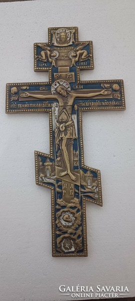 Antique large Russian Tsar Orthodox Orthodox wall bronze cross with enamel decoration 19.Sz