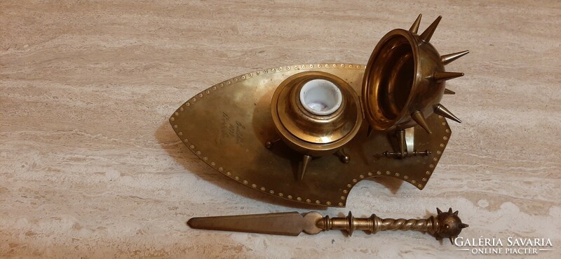 Antique, copper inkstand, leaf-opening knife, shape, mace and shield