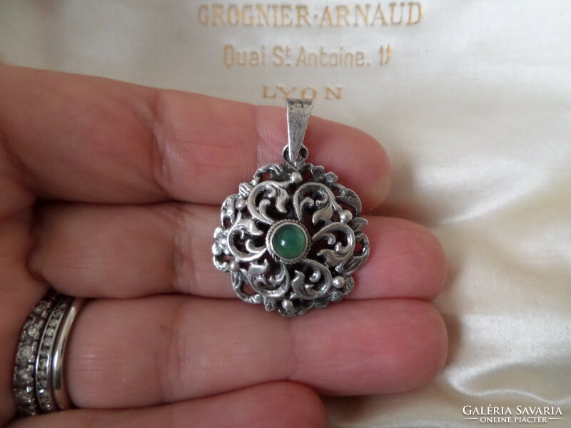 Antique silver openwork pendant with green stone