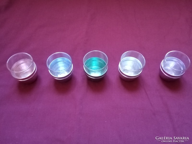 Retro pálinkás pohár készlet 5 darabos fém talppal karácsonyi szilveszteri újévi ünnepi alkalomra