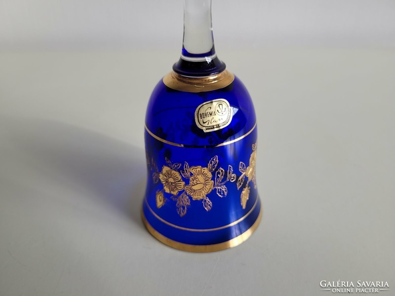 Régi Bohemia kék üvegcsengő aranyozott címkés cseh ünnepi asztali csengető harang