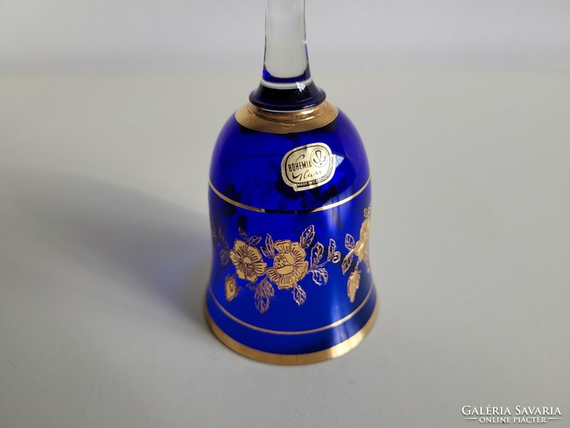 Old bohemian blue glass bell with gilded label Czech holiday table bell bell