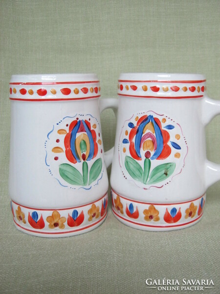 Pair of hand painted folk floral granite ceramic jars