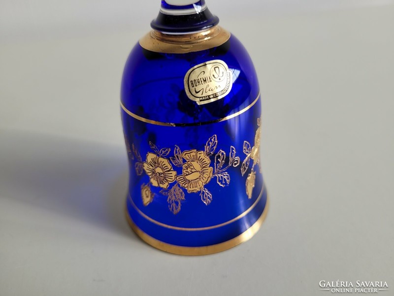 Régi Bohemia kék üvegcsengő aranyozott címkés cseh ünnepi asztali csengető harang
