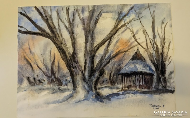 József Petkes: winter landscape watercolor, signed, dated