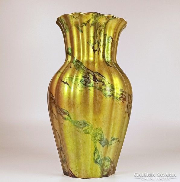 ZSOLNAY, ART DECO ZÖLD LABRADOR EOSIN PORCELÁN VÁZA, HIBÁTLAN ! (B152)