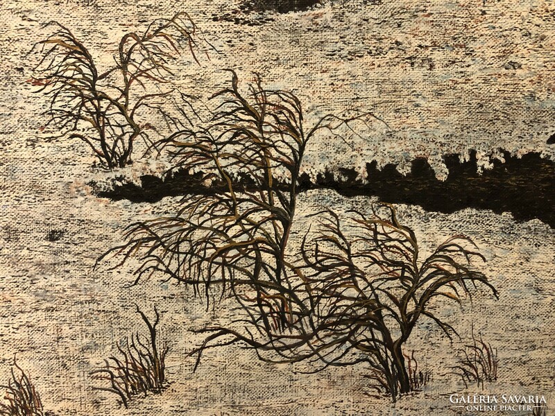 Wágnerné Bukovics Magda, naiv festőművész alkotása, Téli erdő, olaj, vászon, 65x80 cm