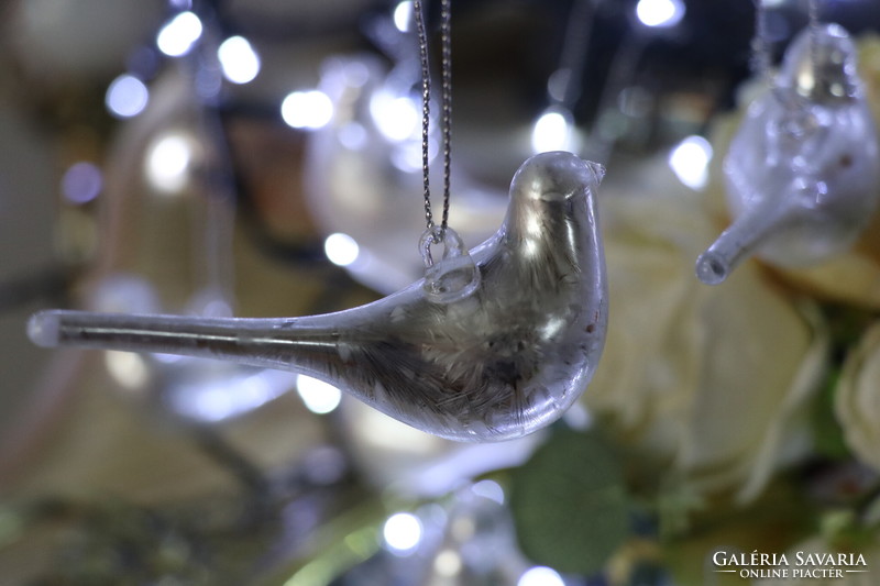 6 darab ezüst színű  üveg madárka karácsonyfadísz I.