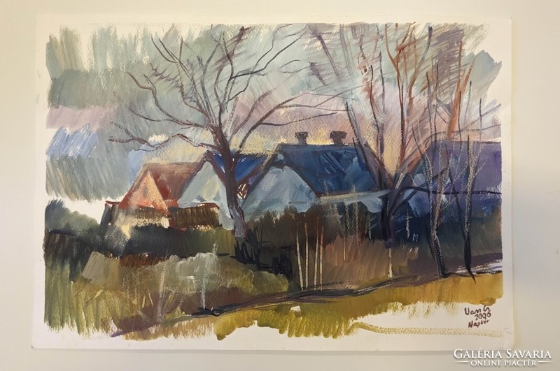 Csaba Vass: houses in the early days watercolor signed, dated