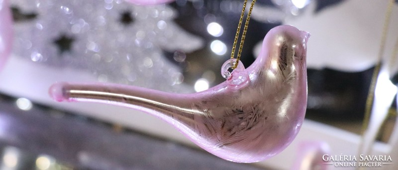 6 darab rózsaszín üveg madárka karácsonyfadísz III.