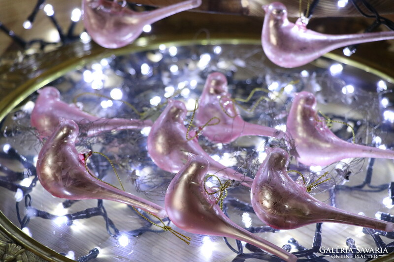 6 darab rózsaszín üveg madárka karácsonyfadísz III.