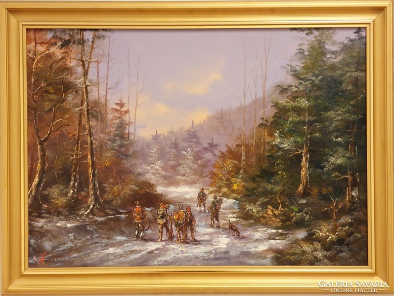 Oil painting by Tamás Méhész - hunting, with original engraving and guarantee