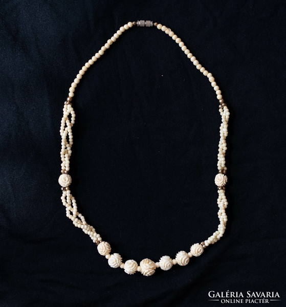 Vintage bone necklace with pearls carved in the shape of a rose