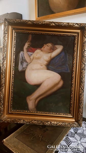 János Csermely's oil - fiberboard nude painting, size 61*50 cm