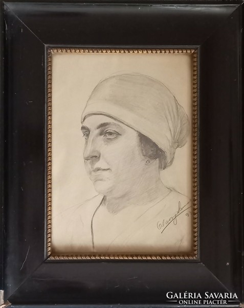 Female portrait - antique framed pencil drawing