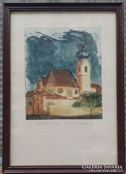 Colored etching Győr Carmelite church