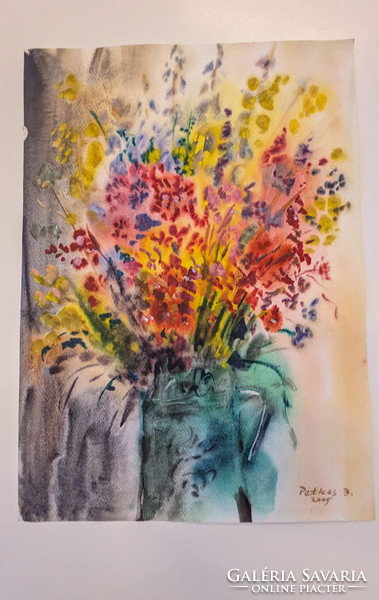 József Petkes: flower still life watercolor, signed, dated
