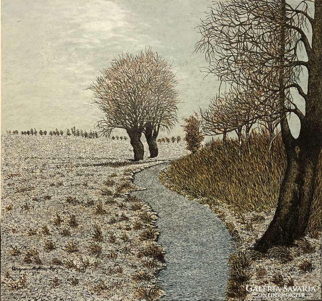 Magda Wágnerné Bukovics, work of a naive painter, winter landscape with a stream, oil on canvas, 63x66.5 cm