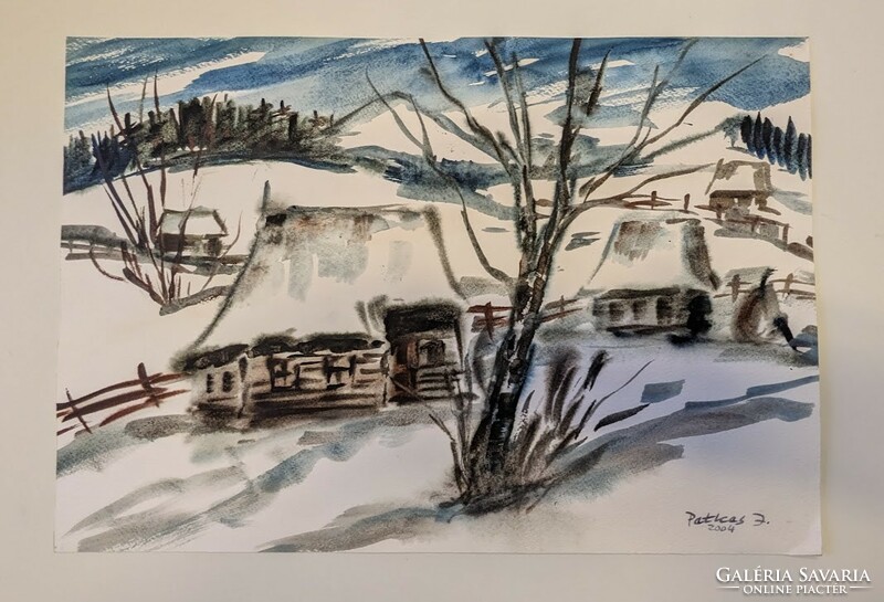 József Petkes: snowy landscape watercolor, signed, dated