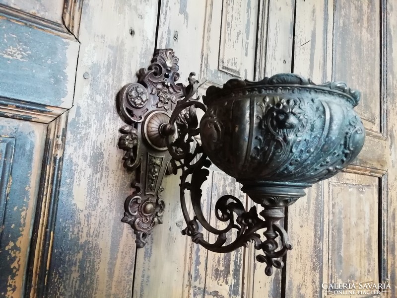 Fali lámpatartó, 20. század elejei "Lámpart"  jelzett, réz petróleum lámpatartó, szép patinás darab