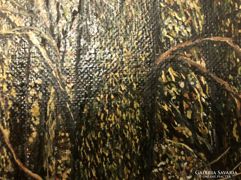 Wágnerné Bukovics Magda, naiv festőművész alkotása, Téli erdő, olaj, vászon, 65x80 cm