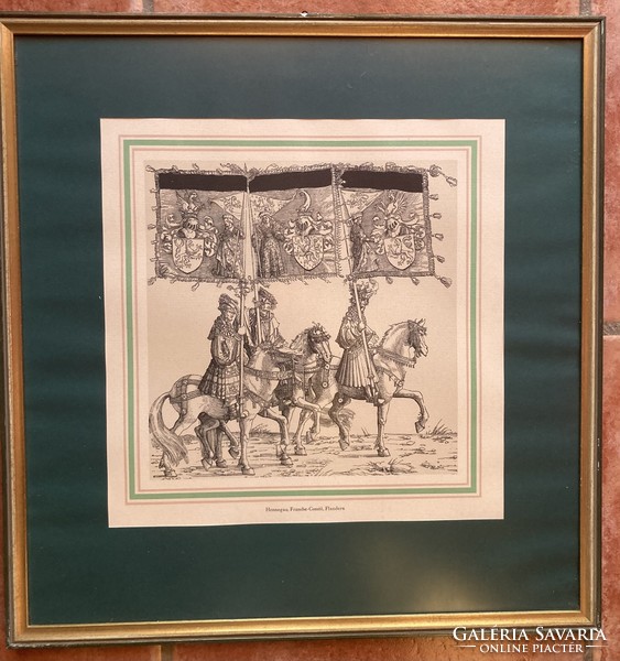 Engraving with medieval horsemen.