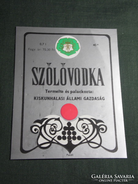 Pálinka címke, Kiskunhalas pincészet, borgazdaság, Szőlővodka szőlőpárlat törkölypálinka