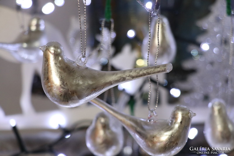 6 darab ezüst színű  üveg madárka karácsonyfadísz I.