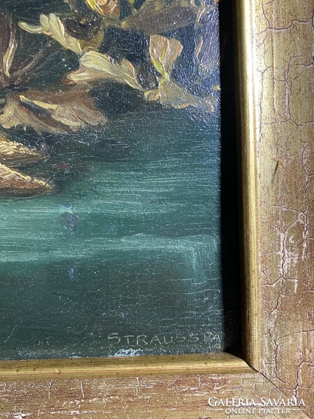 Strauss Pál olaj, fán festménye, 23 x 33 cm-es.vadászcsendélet