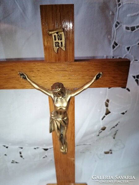 For home altar, old wooden cross, with copper body 35 cm!