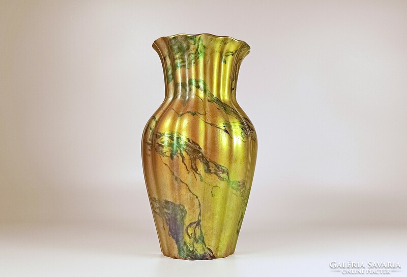 ZSOLNAY, ART DECO ZÖLD LABRADOR EOSIN PORCELÁN VÁZA, HIBÁTLAN ! (B152)