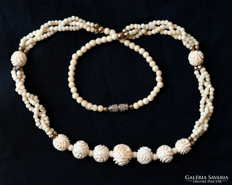 Vintage bone necklace with pearls carved in the shape of a rose