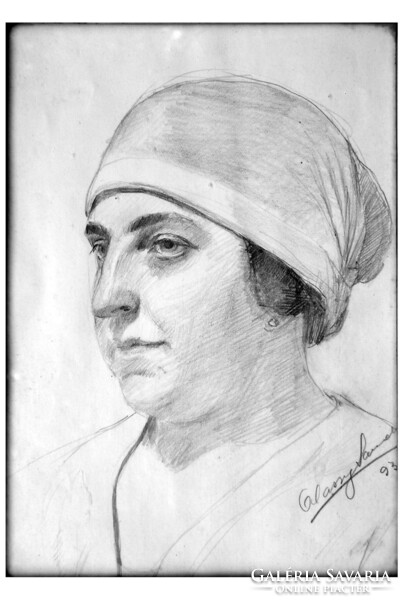 Female portrait - antique framed pencil drawing