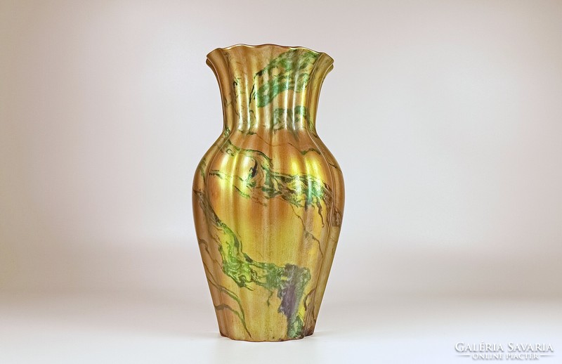 ZSOLNAY, ART DECO ZÖLD LABRADOR EOSIN PORCELÁN VÁZA, HIBÁTLAN ! (B152)