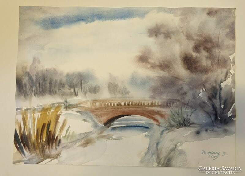 József Petkes: bridge over the stream watercolor, signed, dated